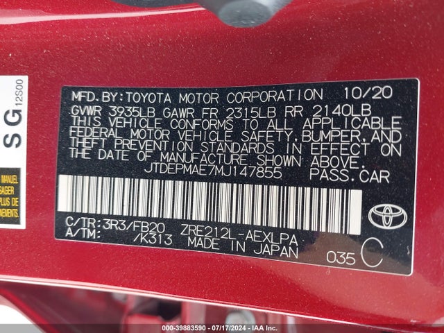 Toyota COROLLA LE 2021 JTDEPMAE7MJ147855 Image 9