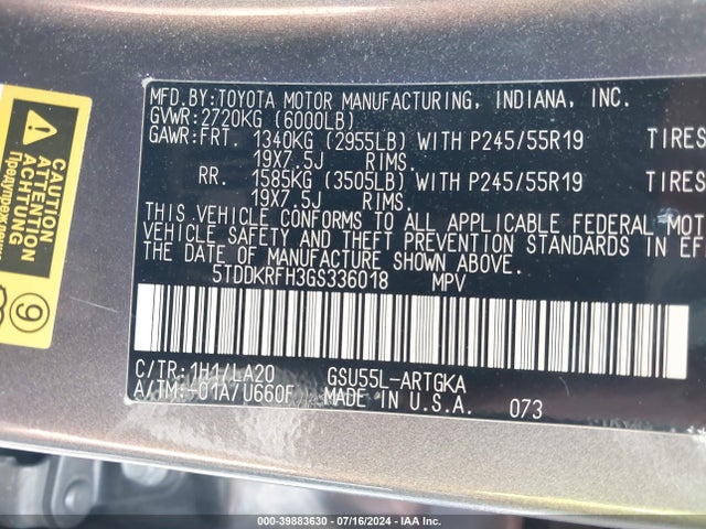 5TDDKRFH3GS336018 Toyota Highlander Limited V6