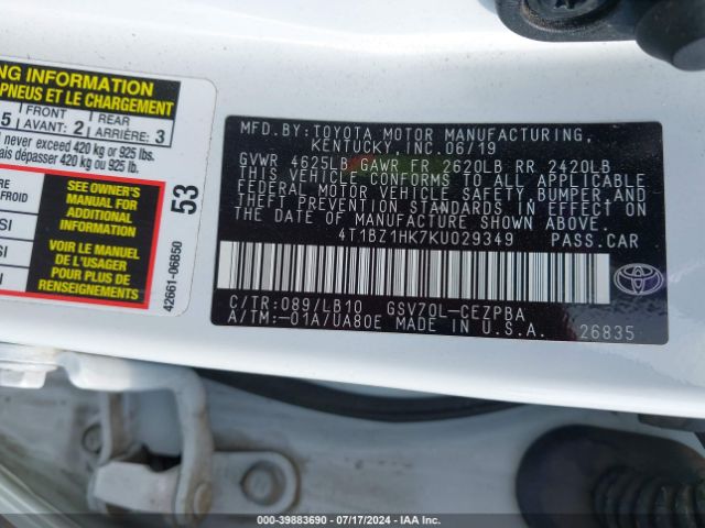4T1BZ1HK7KU029349 Toyota Camry Xse V6