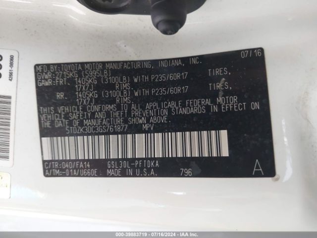5TDZK3DC3GS761877 Toyota Sienna L 7 Passenger
