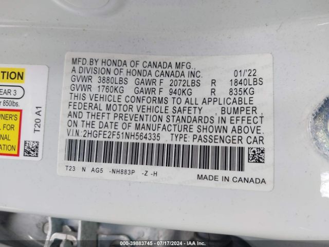 2HGFE2F51NH564335 Honda Civic Sport