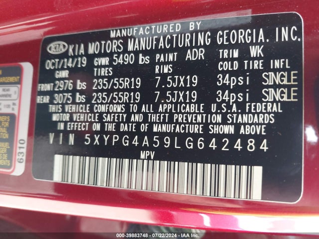 KIA Sorento 3.3l S 2020 5XYPG4A59LG642484 Image 9