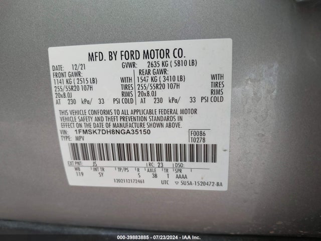 Ford EXPLORER XLT 2022 1FMSK7DH8NGA35150 Image 9