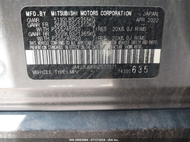 JA4J3UA84NZ077071 Mitsubishi Outlander Black Edition 2wd/se 2.5 2wd/se Launch Edition 2wd