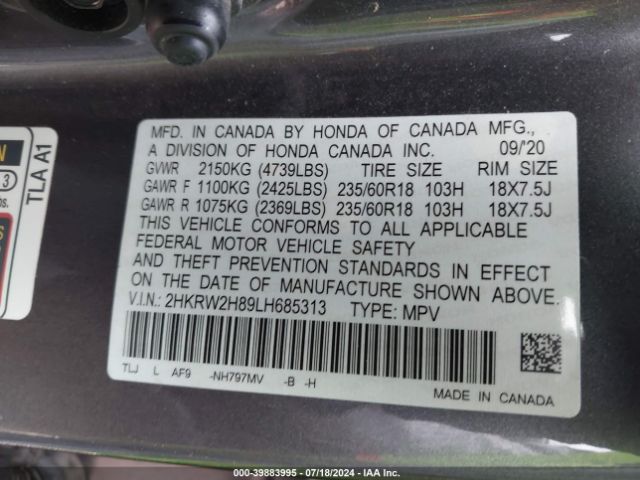 2HKRW2H89LH685313 Honda Cr-v Awd Ex-l