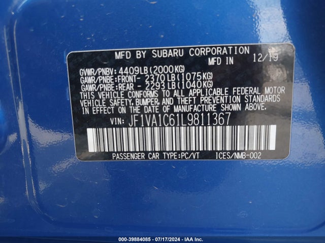 Subaru Wrx Premium 2020 JF1VA1C61L9811367 Image 9