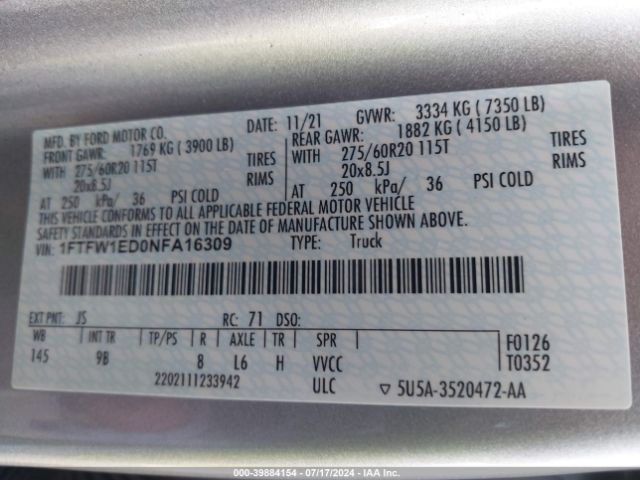 1FTFW1ED0NFA16309 Ford F-150 Platinum