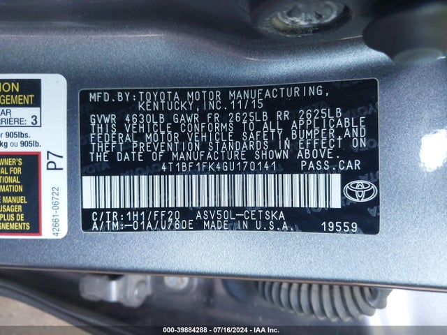 Toyota CAMRY SE 2016 4T1BF1FK4GU170141 Image 9