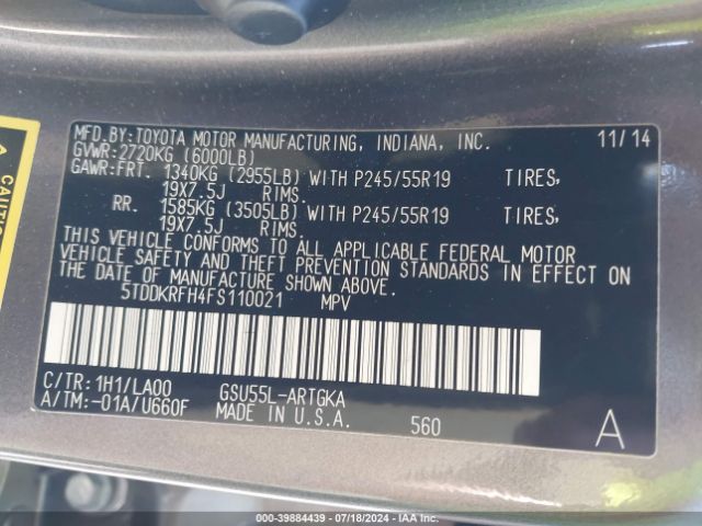 5TDDKRFH4FS110021 Toyota Highlander Limited V6