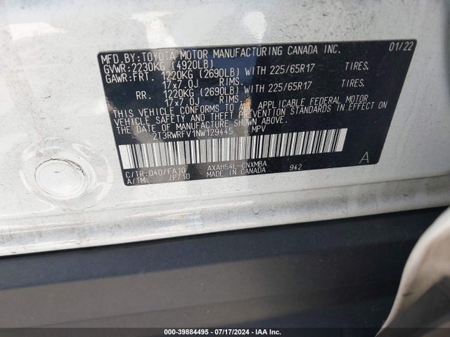 2T3RWRFV1NW129445 Toyota Rav4 Hybrid Xle