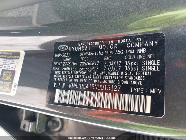 KM8JBCA15NU015127 Hyundai Tucson Hybrid Blue