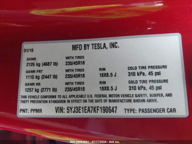 5YJ3E1EA7KF190647 Tesla Model 3 Long Range/mid Range/standard Range/standard Range Plus
