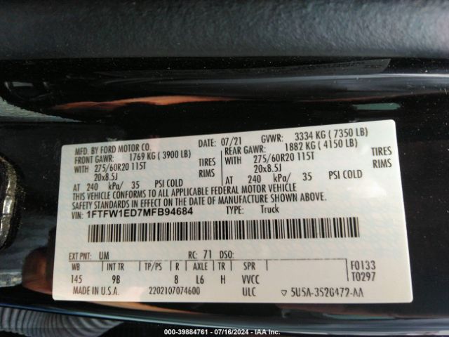 1FTFW1ED7MFB94684 Ford F-150 Platinum