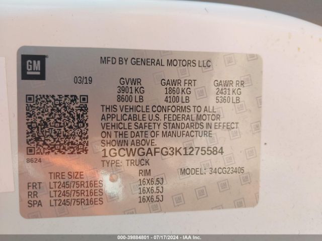 1GCWGAFG3K1275584 Chevrolet Express 2500 Work Van
