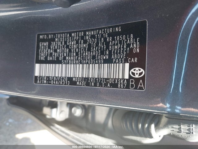 Toyota COROLLA SE 2017 5YFBURHE1HP605499 Image 9