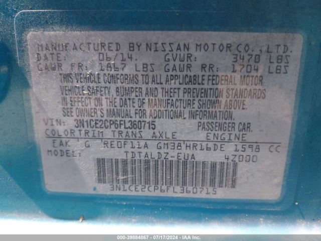 3N1CE2CP6FL360715 Nissan Versa Note Sv