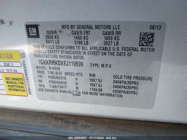 1GKKRRKDXEJ119599 GMC Acadia Slt-1