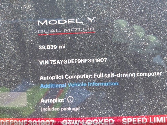 7SAYGDEF9NF391907 Tesla Model Y Performance Dual Motor All-wheel Drive