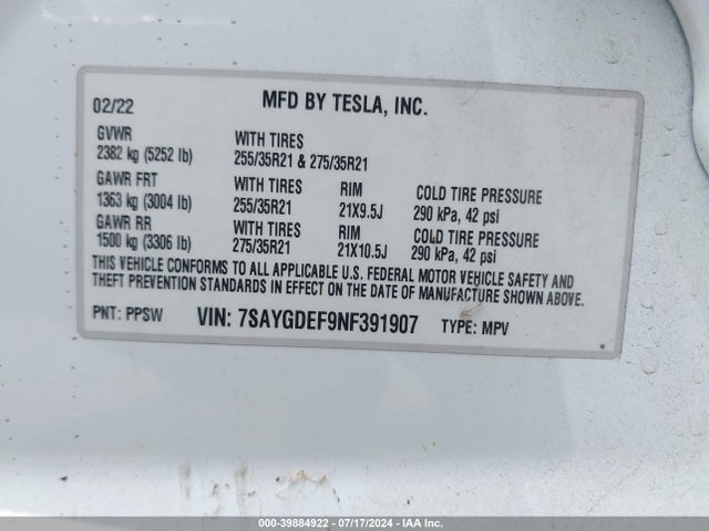 7SAYGDEF9NF391907 Tesla Model Y Performance Dual Motor All-wheel Drive