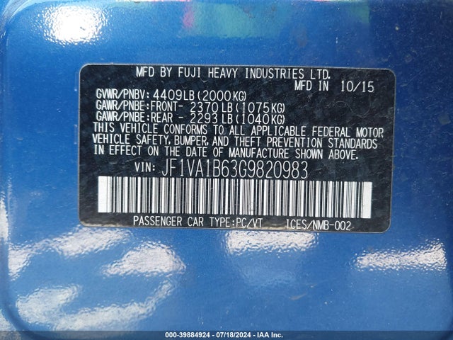 Subaru WRX 2016 JF1VA1B63G9820983 Image 9