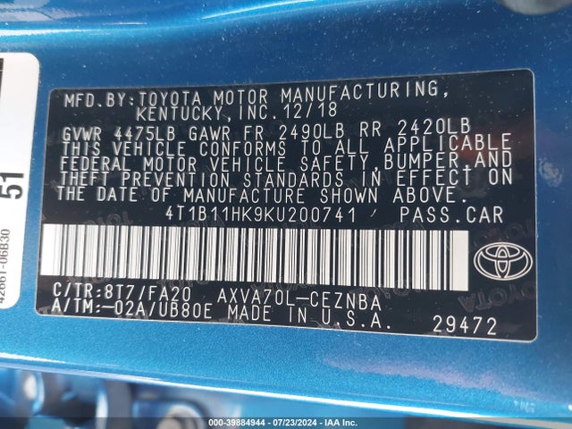 Toyota CAMRY LE 2019 4T1B11HK9KU200741 Image 9