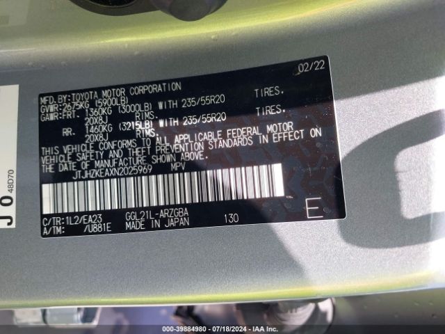 JTJHZKEAXN2025969 Lexus Rx 350l