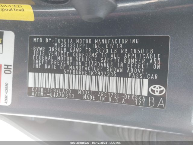 5YFBURHE1KP937935 Toyota Corolla Xse