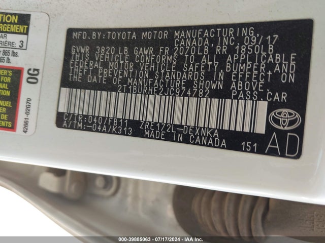 Toyota COROLLA LE 2018 2T1BURHE2JC974782 Image 9