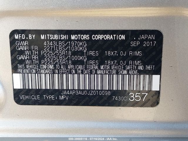 JA4AP3AU0JZ010098 Mitsubishi Outlander Sport Es 2.0