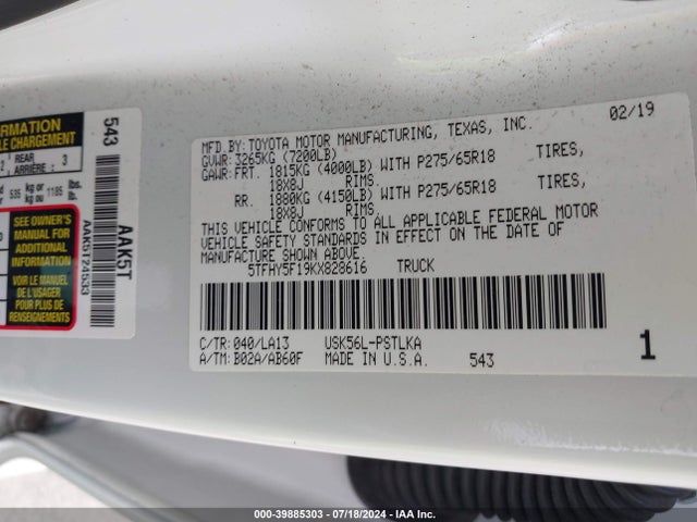 5TFHY5F19KX828616 Toyota Tundra Limited 5.7l V8