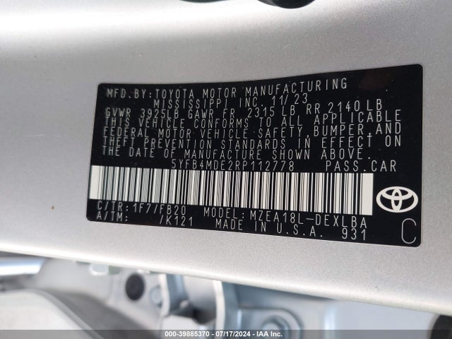 Toyota COROLLA LE 2024 5YFB4MDE2RP112778 Image 9