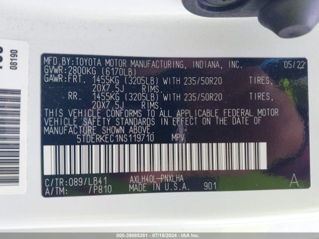 5TDERKEC1NS119710 Toyota Sienna Platinum