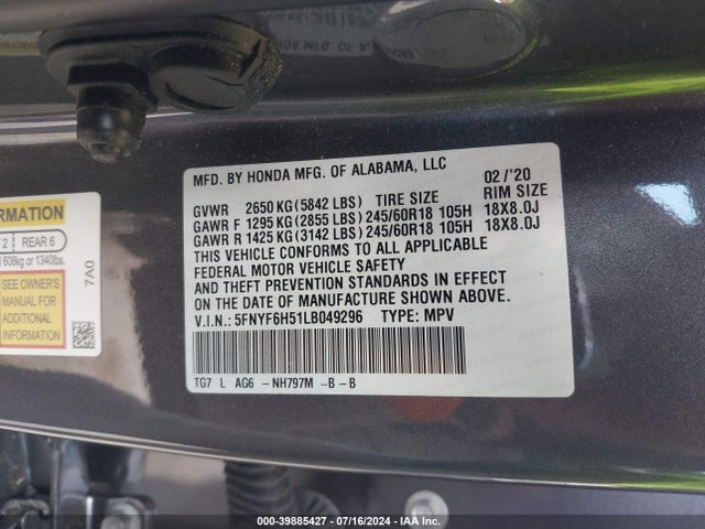 Honda Pilot Awd Ex-l 2020 5FNYF6H51LB049296 Image 9