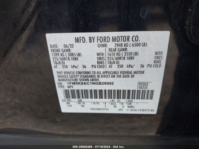 1FM5K8AC1NGB28992 Ford Police Interceptor Utility