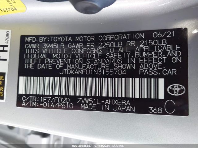 JTDKAMFU1N3155704 Toyota Prius Le