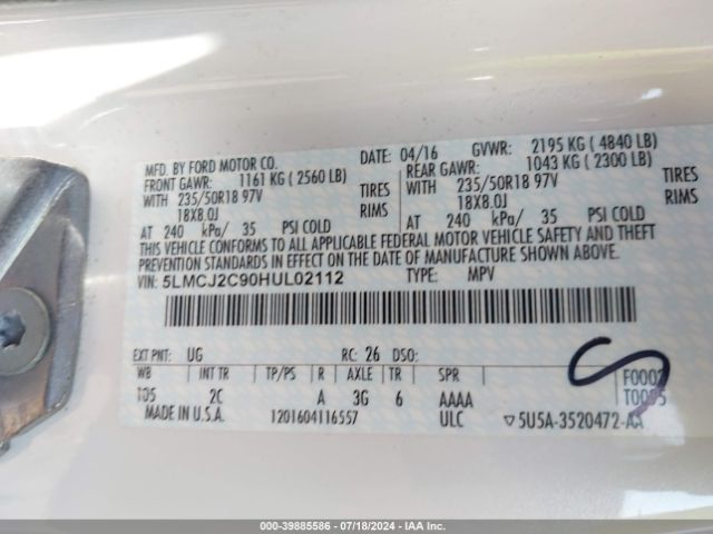 5LMCJ2C90HUL02112 Lincoln MKC SELECT