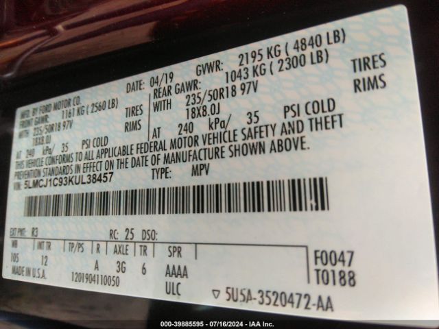 5LMCJ1C93KUL38457 Lincoln Mkc Standard