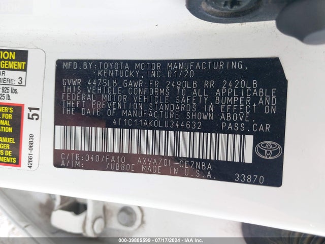 Toyota CAMRY LE 2020 4T1C11AK0LU344632 Image 9