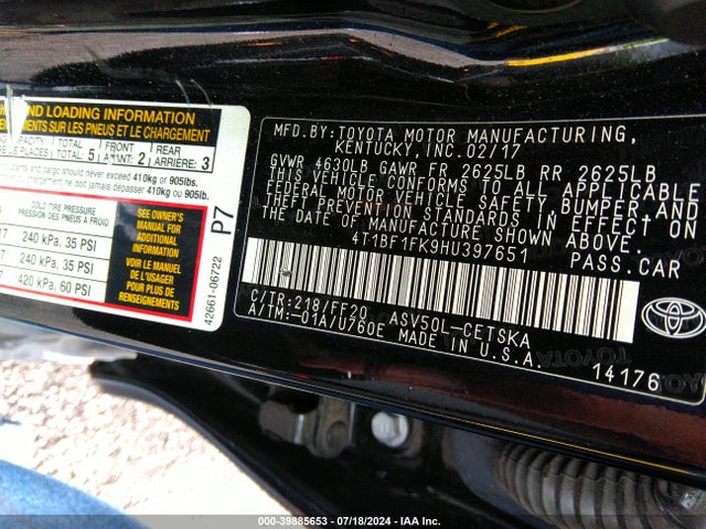 Toyota CAMRY SE 2017 4T1BF1FK9HU397651 Image 9