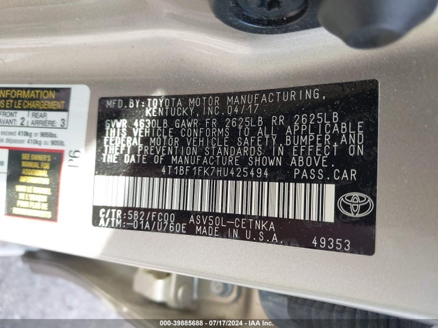Toyota CAMRY LE 2017 4T1BF1FK7HU425494 Image 9