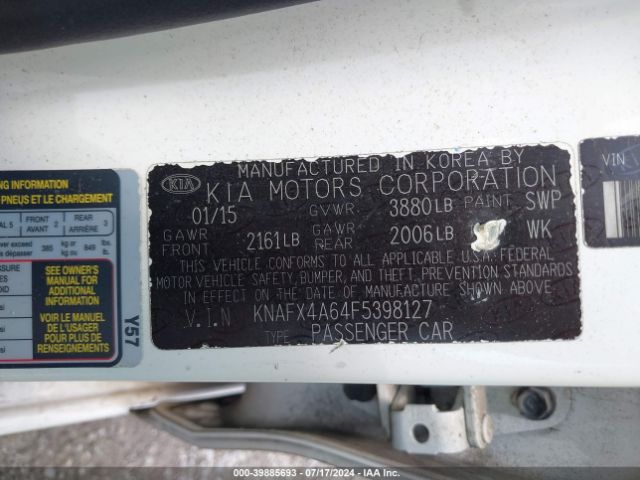 KNAFX4A64F5398127 KIA FORTE LX