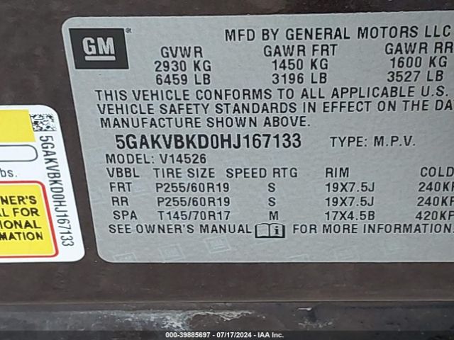 5GAKVBKD0HJ167133 Buick Enclave Leather