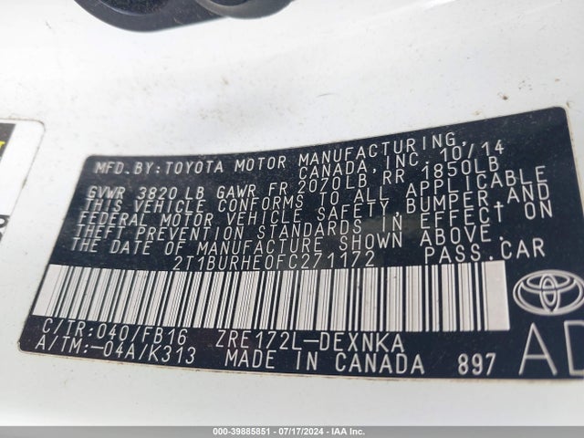 Toyota COROLLA LE 2015 2T1BURHE0FC271172 Image 9