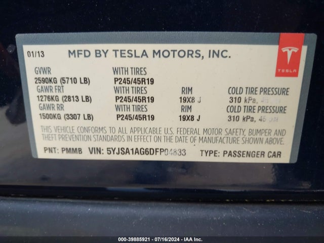 2013 TESLA MODEL S 5YJSA1AG6DFP04833 Photo 8