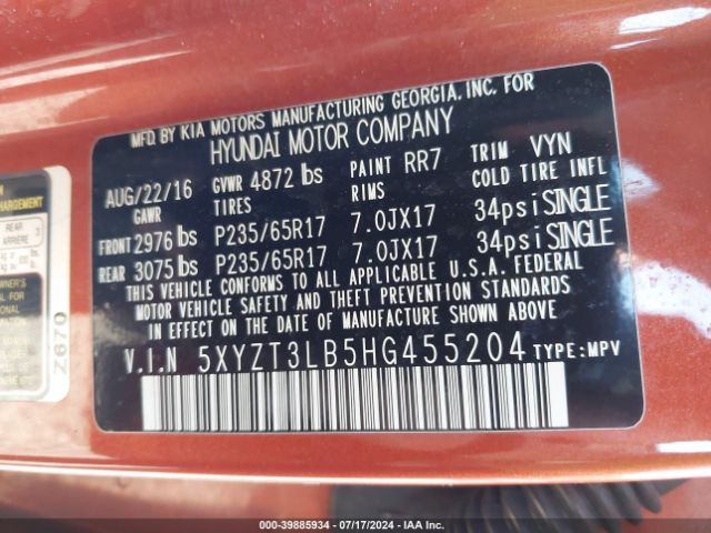 5XYZT3LB5HG455204 Hyundai Santa Fe Sport 2.4l