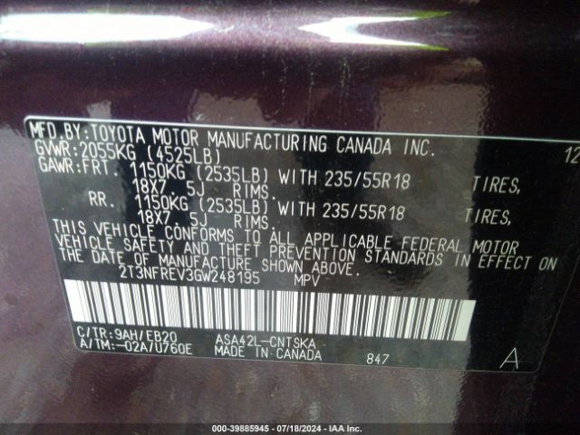 2T3NFREV3GW248195 Toyota RAV4 SE