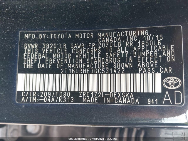 Toyota Corolla S Plus 2016 2T1BURHE3GC531422 Image 9