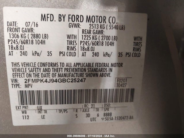 Ford EDGE SEL 2016 2FMPK4J94GBC25247 Image 9