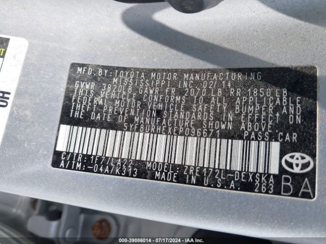 5YFBURHEXEP096671 Toyota Corolla S Premium
