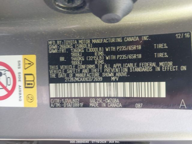 2T2BZMCAXHC072699 Lexus RX 350